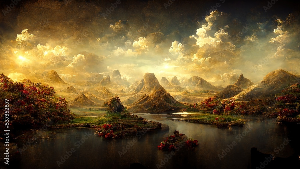 Fabulous Magic solemn golden background with elements of landscape and architecture ai rendering.