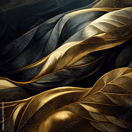  Black and golden streaming fabric. Flowing silky textured  cloth. Luxury background. Ai rendering. photo