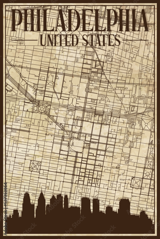 Brown vintage hand-drawn printout streets network map of the downtown ...