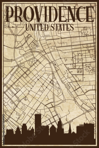 Brown vintage hand-drawn printout streets network map of the downtown PROVIDENCE, UNITED STATES OF AMERICA with brown 3D city skyline and lettering