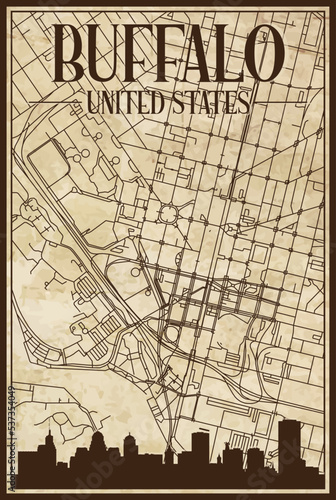 Brown vintage hand-drawn printout streets network map of the downtown BUFFALO, UNITED STATES OF AMERICA with brown 3D city skyline and lettering