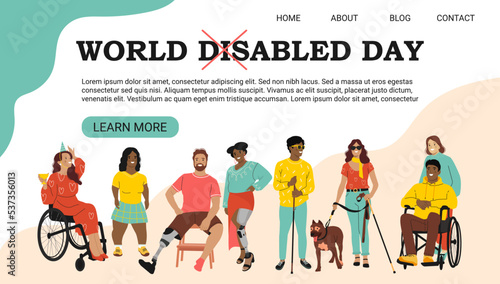 World Disabled day. Landing page or web banner concept. People with Disability, Diversity and Inclusion. Flat vector illustration in cartoon style.