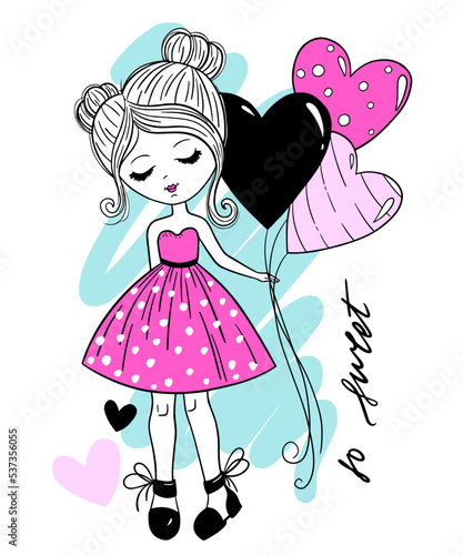 Vector cartoon cute girl with hearts and lettering. Character design