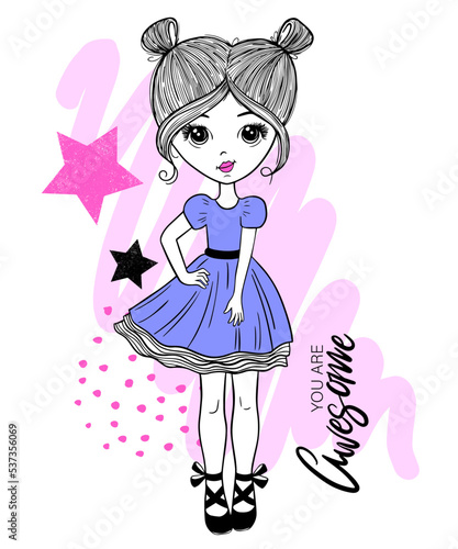 Vector cartoon cute girl and lettering. Character design
