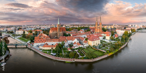 Wroclaw aerial drone panoramic shot of the Ostrów Tumski.