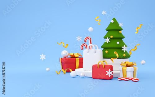 Merry Christmas and Happy New Year festive greeting card with Christmas trees, gift boxes, golden balls. 3d render © Elena_Bezzubtseva