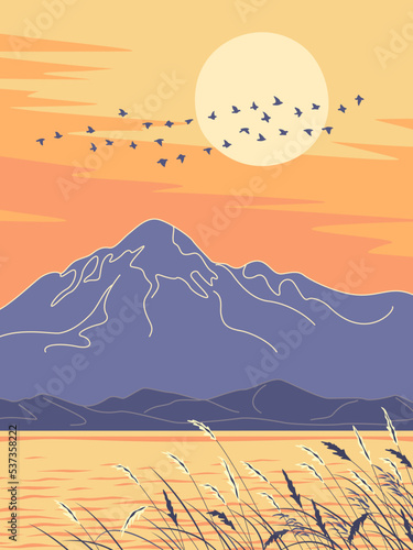 Evening Landscape with  Mountains and  Birds Flying Against the Sun