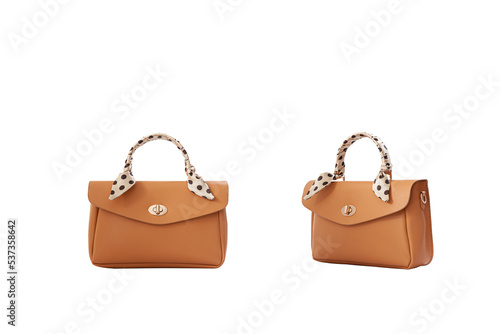 Beautiful brown leather female fashion bag with transparent background, front view