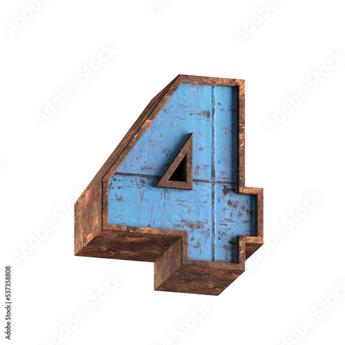 4 number 3d aged rusted iron character blue painted metal steel isolated on white background