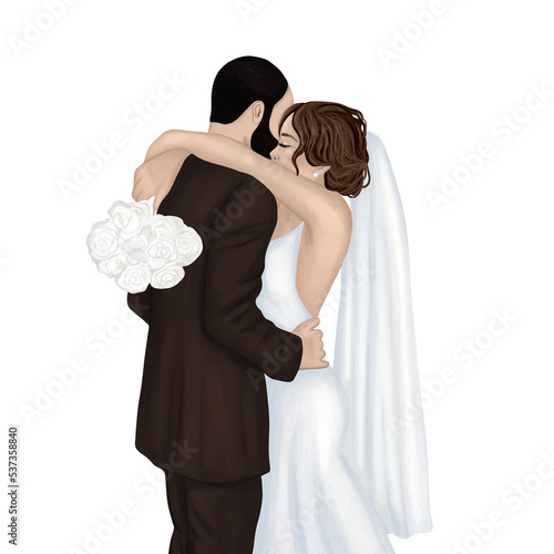 Groom hugging with bride. Watercolor hand painted brown hair and beard groom in brown costume and pretty brown hair bride with a wedding bouquet. Design for wedding designs  invitations.