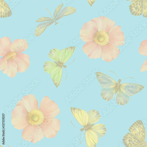 Seamless pattern of butterflies dragonflies and flowers. © Sergei