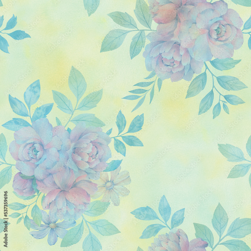 bouquets of flowers with leaves, watercolor seamless pattern for design on an abstract background. bouquets of flowers with leaves, watercolor seamless pattern for design on an abstract background.