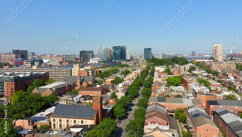This video shows scenic aerial views of the downtown Baltimore landscape