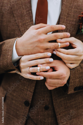 A stylish groom in a brown suit with a boutonniere and the bride put gold rings on their fingers. Wedding photography, close-up portrait.