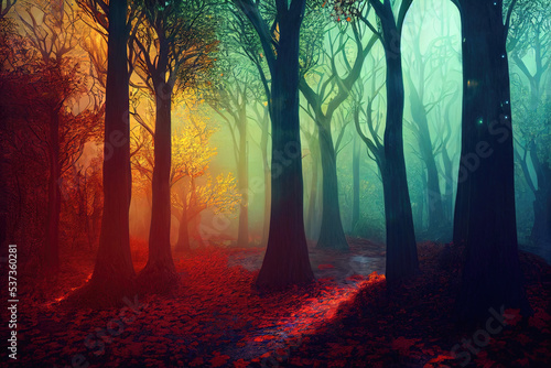 3D-image of mystical autumn forest with multicolored volumetric lighting