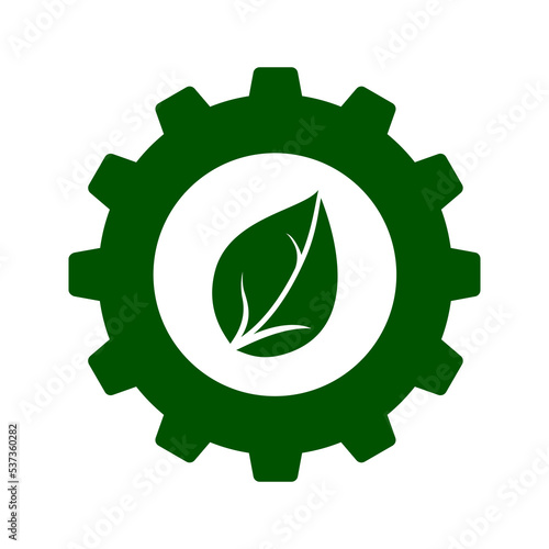 Icon of green leaf in cogwheel. Symbol of green, sustainable and environment friendly industry or agroindustrial sector. Vector Illustration