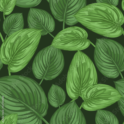 Floral vector seamless pattern with many large exotic leaves on dark green background. Tropical concept. Trendy textile print design. Decorative art composition. Natural layout. Hand drawn element.