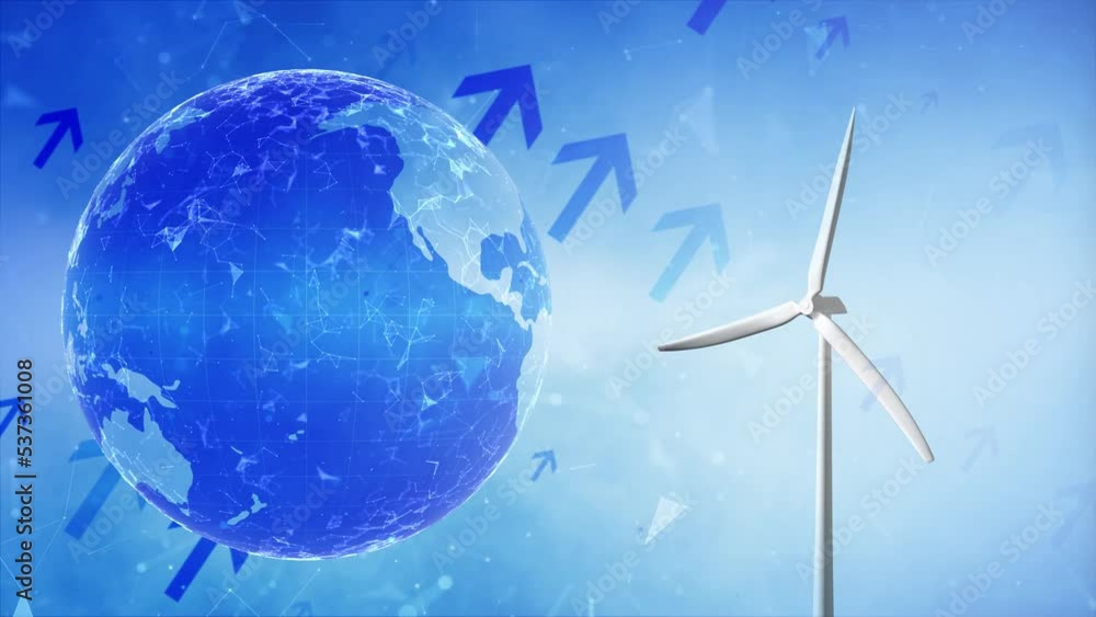 3d wind turbine plant with business world map globe looped animation background. 3d wind turbine plant with business world map globe looped animation background.