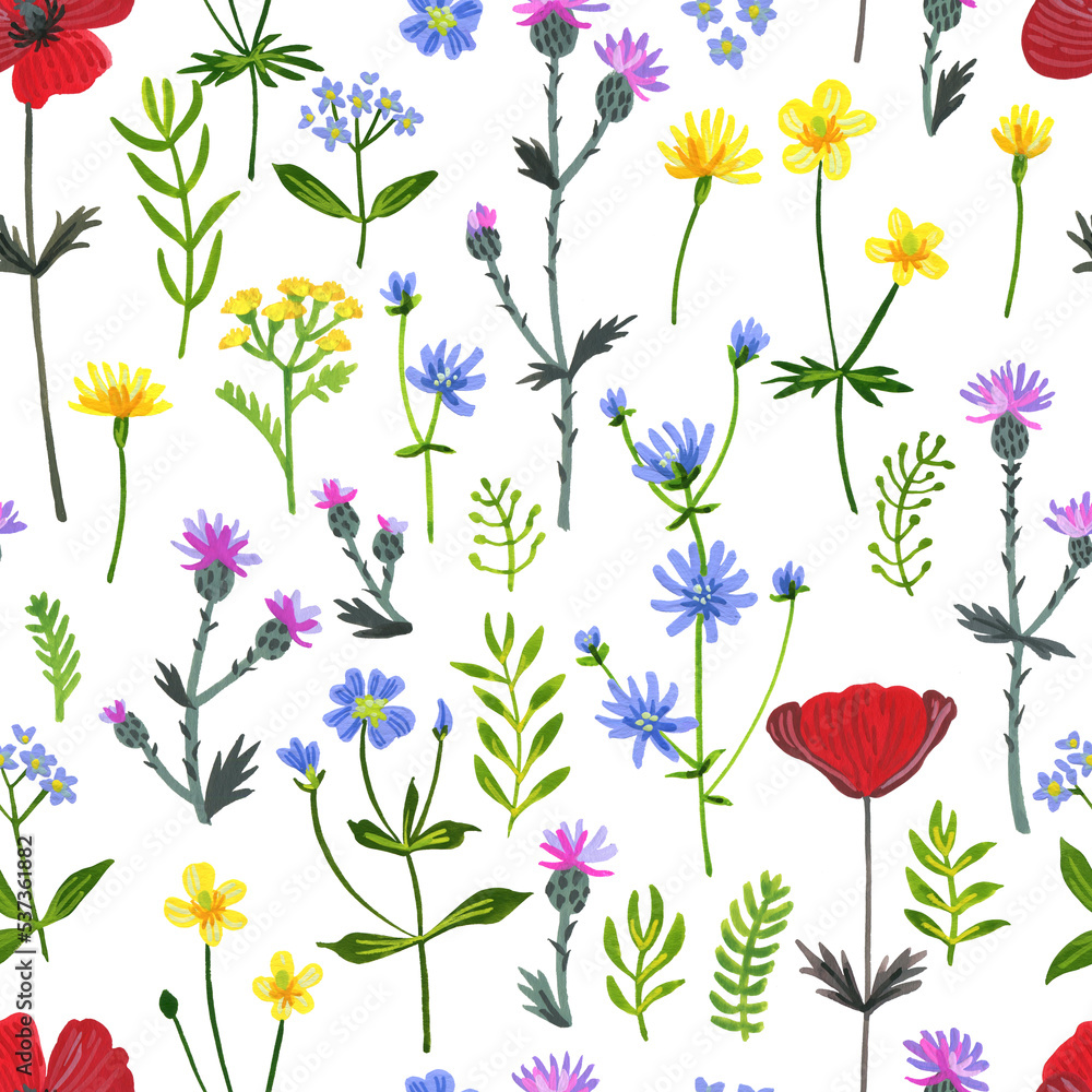 Wild herbs pattern. Wildflowers in summer. Red poppies, cornflowers, forget-me-nots, yellow buttercups, ferns Wild herbs pattern. Wildflowers in summer. Red poppies, cornflowers, forget-me-nots, yellow buttercups, ferns