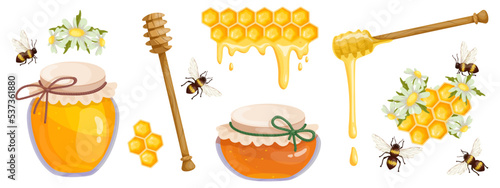 Set of jars with useful nectar, honey bees, chamomile flowers, honeycombs, wooden spoon for honey. Cartoon vector graphics.