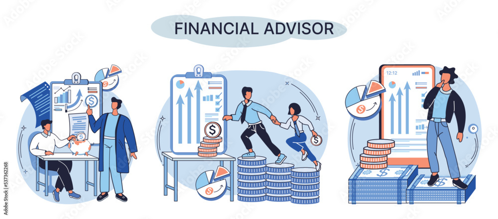 Financial advisor giving advice investment money market analysis management planning for customer. Fiscal consultant professional in finance. Business development successful vested interests metaphor