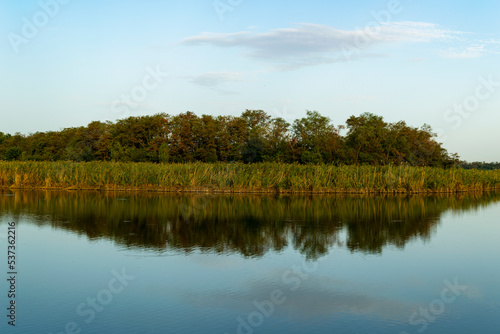 Scenic view of a beautiful view in the early morning over a pond or lake against a cloudy sky and reed grass in the foreground. Landscape. Reflection in the water. Fishing, travel, recreation.