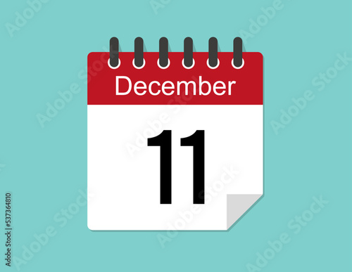 11 day December calendar design. Red calendar vector for December month and day