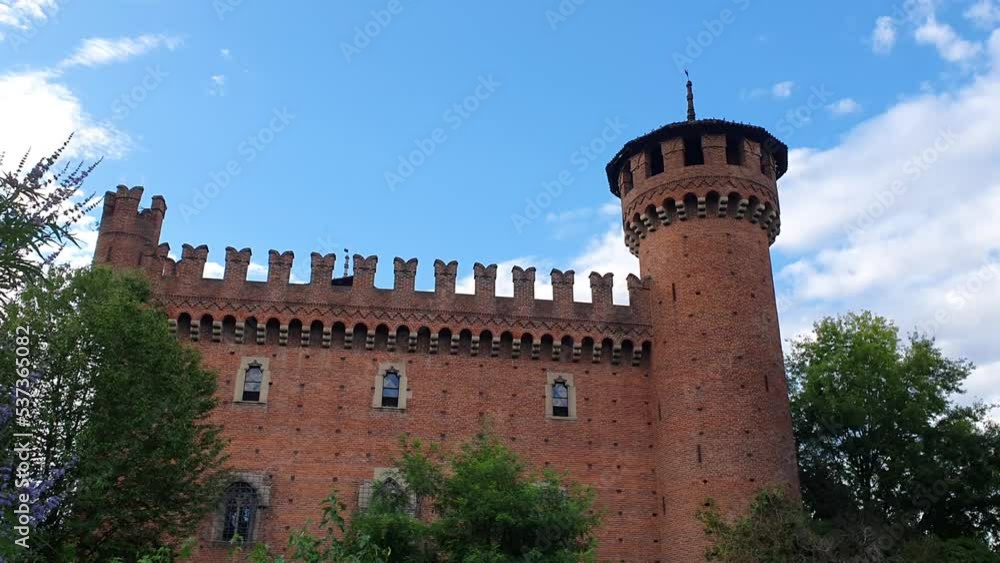 Turin, Piedmont, Italy - 2021: medieval village of Parco del Valentino, built in 1884, on the model of the ancient castles of the Valle d'Aosta of the 15th century Turin, Piedmont, Italy - 2021: medieval village of Parco del Valentino, built in 1884, on the model of the ancient castles of the Valle d'Aosta of the 15th century