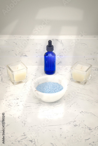 Bath salts candles and serum sit on the counter at a spa photo