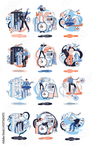 Personal quality concept creative metaphors set. Confidence, accountability and discipline, mental strength, psychological flexibility, decision making, leadership role, personal development