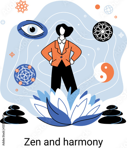 Zen and harmony metaphor, meditation practice. Balance, relaxation, mindfulness. Calm person relaxing. Yoga and spiritual practice, relax, recreation, healthy lifestyle. Japanese cult of mind and body