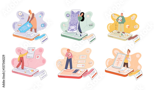 Online medical consultation and support metaphor. Online doctor. Healthcare services, Ask doctor. Tele medicine e-health service. Therapist videocalling phone screen. Diagnosis treatment of patients