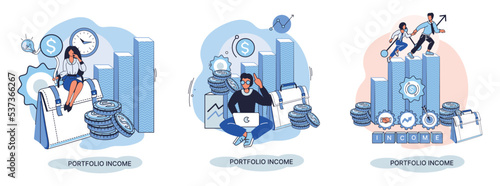 Investment portfolio income dollars currency, buy sell trading, market exchange value metaphor, businessman investor or trader balance portfolio with coins. Financiers analyzing stock market profit
