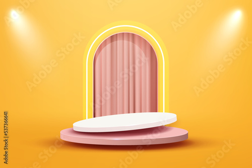 3d abstract scene yellow background soft floating pink white podium product presentation with light