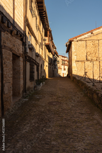 Cityscape with old  stone buildings in picturesque medieval town of Frias at sunset  Burgos  Spain