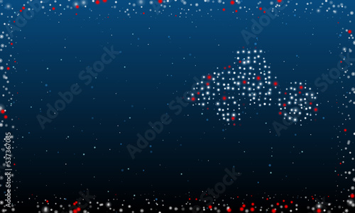 On the right is the road roller symbol filled with white dots. Pointillism style. Abstract futuristic frame of dots and circles. Some dots is red. Vector illustration on blue background with stars