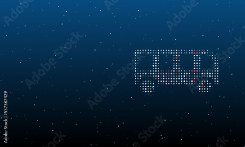 On the right is the bus symbol filled with white dots. Background pattern from dots and circles of different shades. Vector illustration on blue background with stars