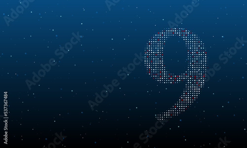 On the right is the number nine symbol filled with white dots. Background pattern from dots and circles of different shades. Vector illustration on blue background with stars