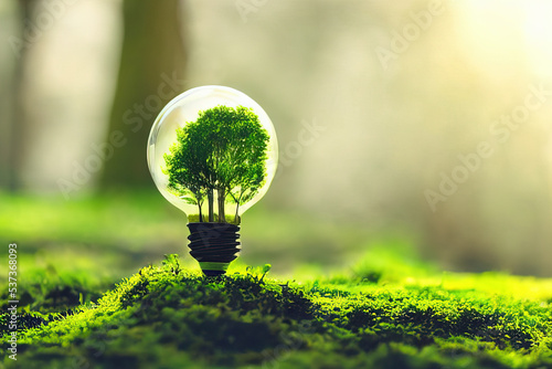 illustration of tree inside a light bulb on the forest floor, depth of field