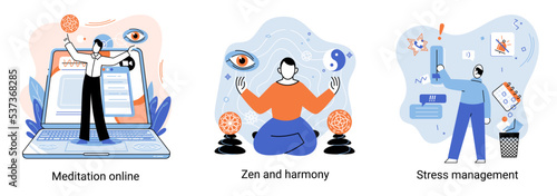 Meditation online. Self-management, self regulation learning, self-organization course, control over emotions metaphor Online yoga at home meditating. Deals with stress management, zen and harmony