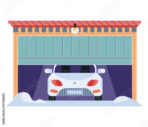 Garage with automatic gates and car. Vehicle storage space, room with automobile inside house. Garage with opening door vector illustration. Gates with lifting mechanism, place for automobile parking