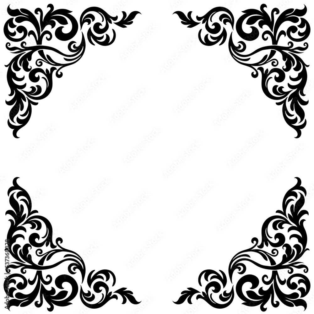 Vintage baroque frame scroll ornament engraving border floral retro pattern antique style acanthus foliage swirl decorative design element filigree calligraphy.