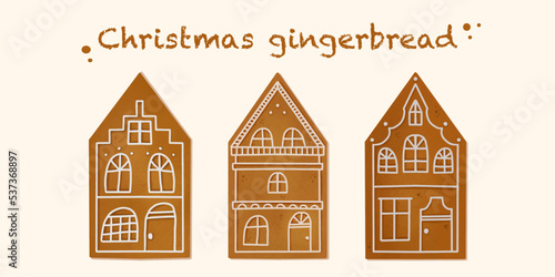 Vector watercolour gingerbread set. New year decorative elements. Christmas greeting card. 