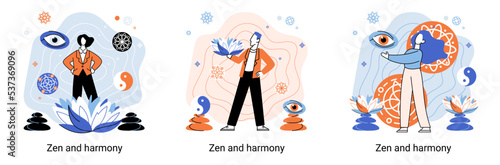 Zen and harmony metaphor, meditation practice. Balance, relaxation, mindfulness. Calm person relaxing. Yoga and spiritual practice, relax, recreation, healthy lifestyle. Japanese cult of mind and body