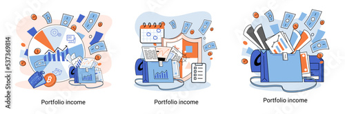 Investment portfolio income dollars currency, buy sell trading, market exchange value metaphor, businessman investor or trader balance portfolio with coins. Financiers analyzing stock market profit