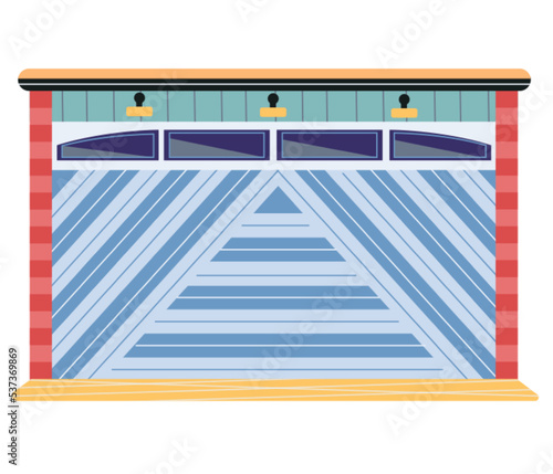 Garage door from various material with mechanical or automatic control system. Roller gate in premises for storing vehicles. Roll door in garage, car house storage isolated on white background