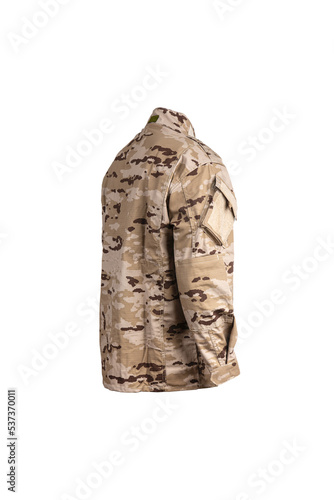 Camouflage military jacket. Soldier clothes. Isolate on a white back.