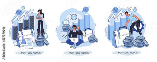 Investment portfolio income dollars currency, buy sell trading, market exchange value metaphor, businessman investor or trader balance portfolio with coins. Financiers analyzing stock market profit
