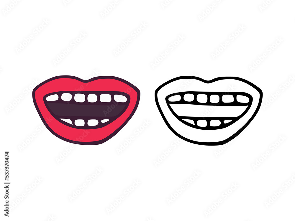 Mouth or lips with teeth in cartoon and outline style isolated on white background