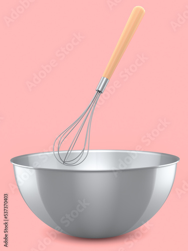 Metal bowl with whisk for preparation of dough isolated on pink background.